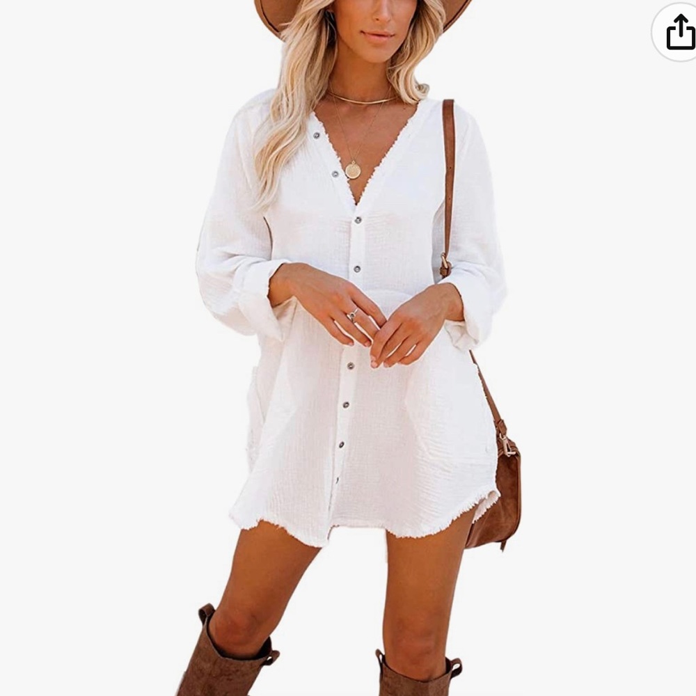 White long sleeve beach cover up dress